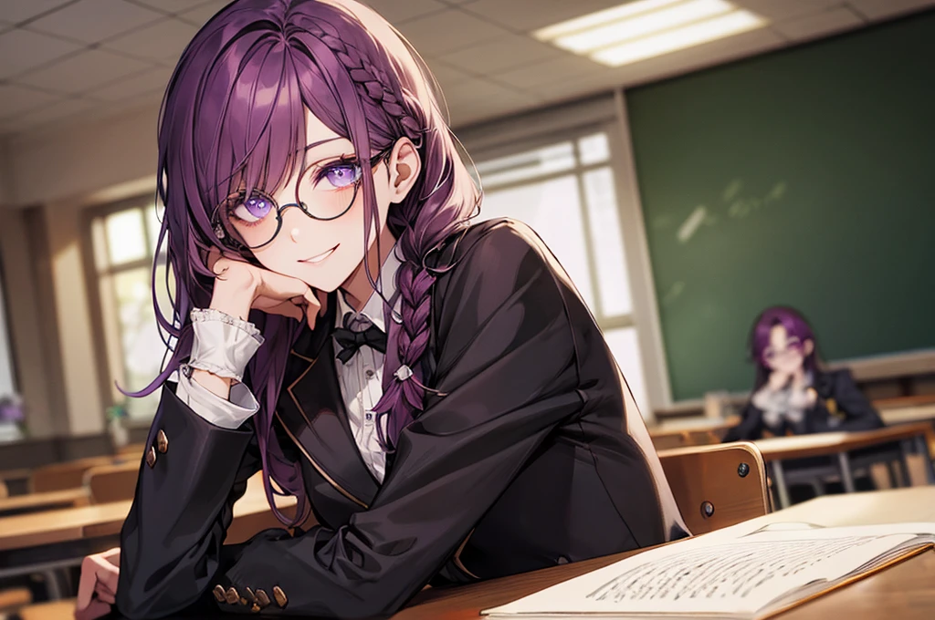 men's,single braid hair,violet colored hair,(Eye 1:2,Clear eyes,Elaborate Eyes,Delicate pupils,Good eyes,eye detailed),Face Focus,Adult,In black suit,best qualtiy,facial detailing,Classroom,sit on desk,sitting in the couch,lazy,Detailed background,diffuse sunlight,depth of fields,Studying Smiling at your desk, violet eyes,black gloves, round glasses, long sleeves,violet hair, smile,