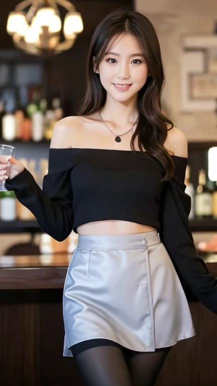 A superb exquisite real beautiful girl, semi long hair, extremely exquisite facial features, peerless beautiful girl, cold-shoulder tops, sheer black top shirt, black wrap skirt, exposed thighs, sweet shy smile with teeth, soft, dreamy quality, light white and dark brown, exaggerated facial features, solid color, frank off-white, surreal, blue gemstone necklace, ultra-clear, beautiful young girl, cute and lively, super short leggings, background at the bar counter, black sheer thighhigh,