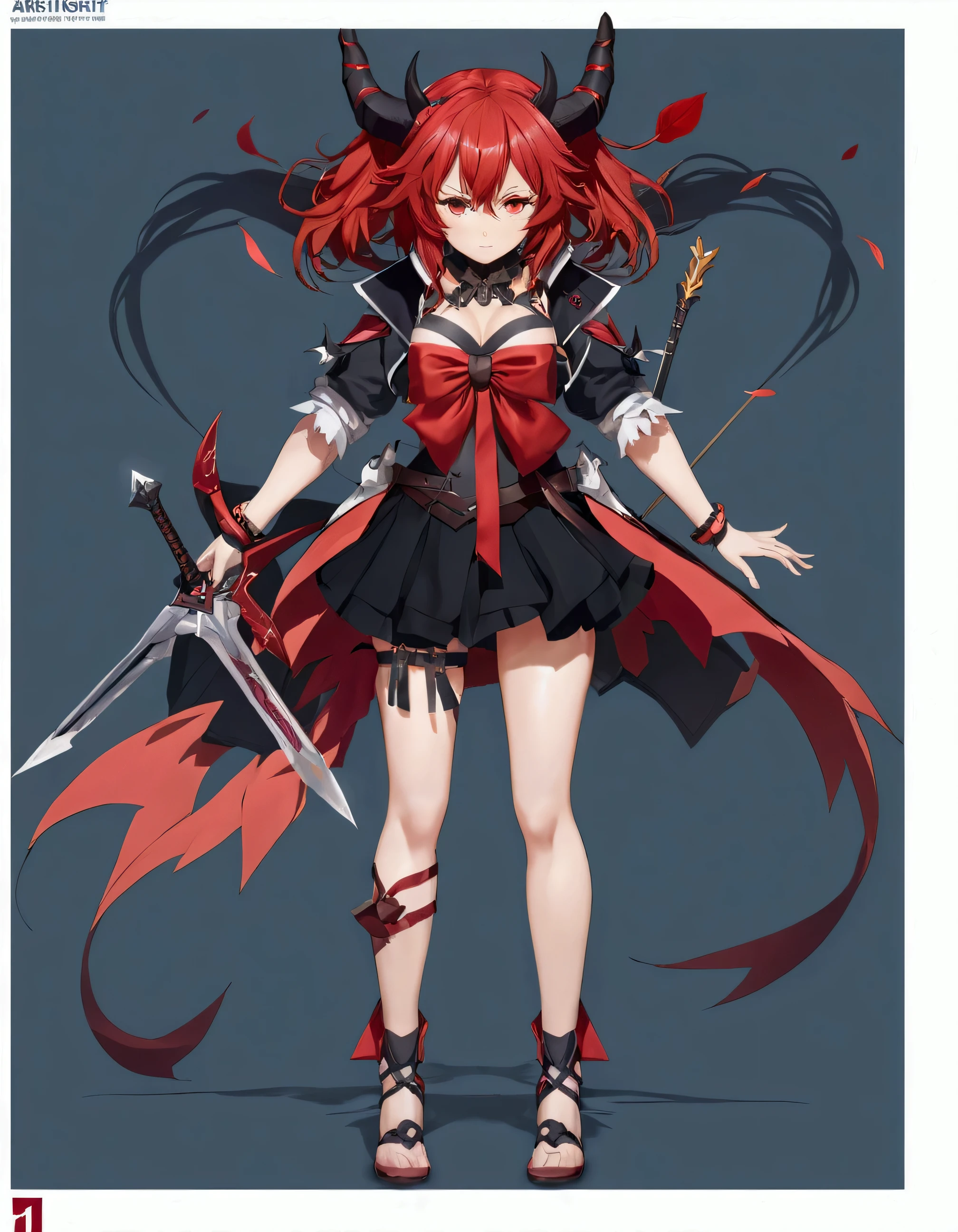 anime character with red hair and horns holding two swords, from arknights, rias gremory, trending on artstation pixiv, demon anime girl, ayaka genshin impact, anime girl with a bow and arrow, anime character design, pixiv 3dcg, ayaka game genshin impact, pretty anime character design, anime full body illustration, 4k, sangat detail, relistic, sempurna