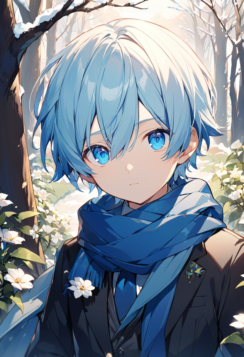 small little boy, alone boy, looking at viewer, short hair, bangs, blue eyes, shirt, 1boy, hair between eyes, closed mouth, light blue hair, jacket, white, upper body, flower,  focus, scarf blue, black jacket, formal, suit, blue tie, in the garden, trees outdoors winter