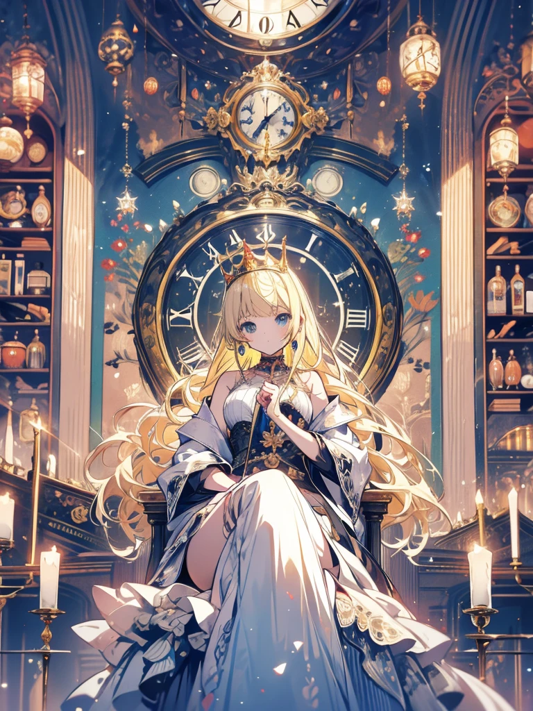 Princess sitting, blonde, guard behind her, big clock, chair, tiara