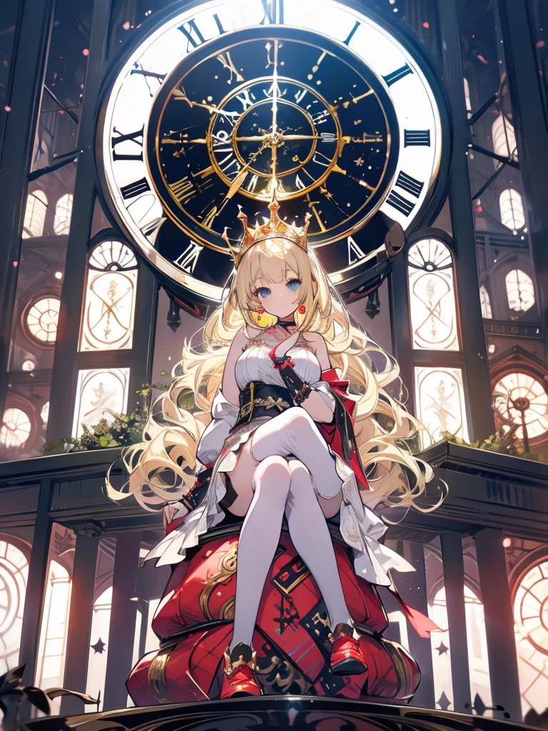 Princess sitting, blonde, guard behind her, big clock, chair, tiara