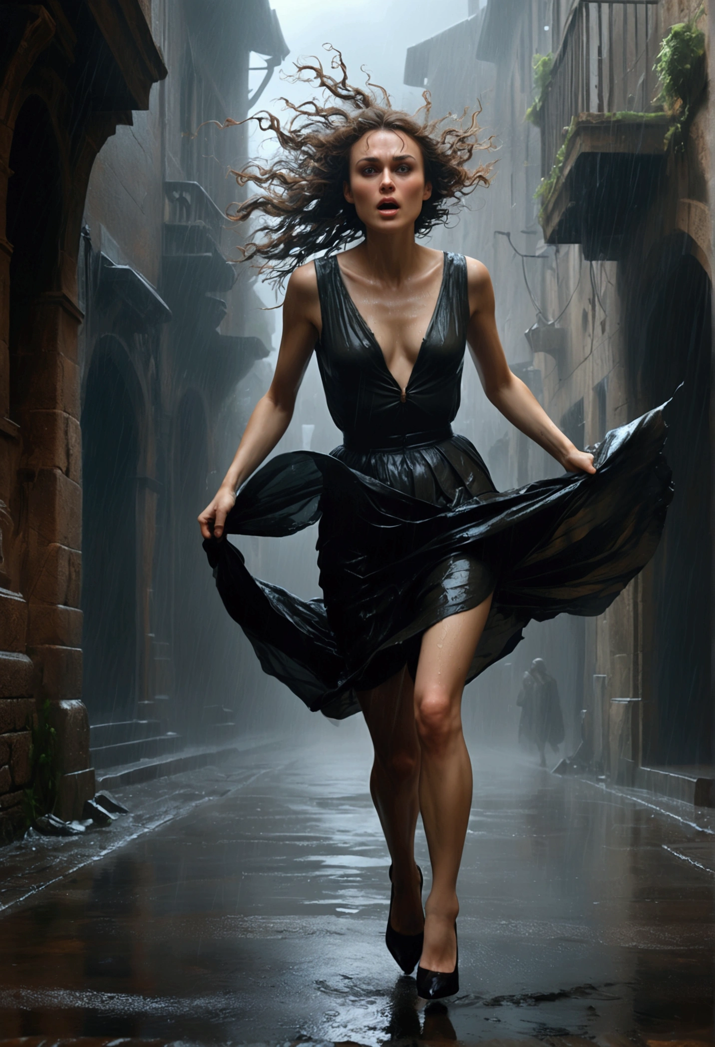 young busty keira knightley, her dress is blowing up, stockings, big tits, disheveled messy curly hair, Transparent torn unbuttoned shirt, torn skirt, Transparent wet skirt, heels, naked belly, emotions play on her face, nervous, running away, panicking, storm, downpour, rain, lightning, full body pose, running away, hair blowing in the wind, in a medieval city, fog from which fantastic creatures emerge, dark fantasy theme, attractive, Gorgeous, beautiful, alluring, wet, art by Carne Griffiths and Wadim Kashin, perfect composition, beautiful detailed intricate insanely detailed octane render trending on artstation, 8 k artistic photography, photorealistic concept art, soft natural volumetric cinematic perfect light, chiaroscuro, award - winning photograph, masterpiece, oil on canvas, raphael, caravaggio, greg rutkowski, beeple, beksinski, giger, black and white still, digital Art, perfect composition, beautiful detailed intricate insanely detailed octane render trending on artstation, 8 k artistic photography, photorealistic concept art, soft natural volumetric cinematic perfect light, chiaroscuro, award - winning photograph, masterpiece, oil on canvas, raphael, caravaggio, greg rutkowski, beeple, beksinski, giger,