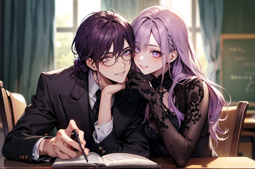 men's,single braid hair,violet colored hair,(Eye 1:2,Clear eyes,Elaborate Eyes,Delicate pupils,Good eyes,eye detailed),Face Focus,Adult,In black suit,best qualtiy,facial detailing,Classroom,sit on desk,sitting in the couch,lazy,Detailed background,diffuse sunlight,depth of fields,Studying Smiling at your desk, violet eyes,black gloves, round glasses, long sleeves,violet hair, smile,
