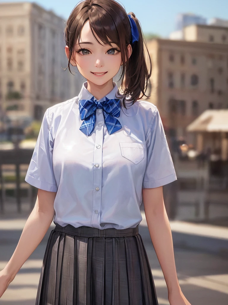(Highest quality、8k、32K、masterpiece)、(Realistic)、(Realistic:1.2)、(High resolution)、Very detailed、Very beautiful face and eyes、(((Women's Solo Shot)))、Tight waist、(Highest quality、Attention to detail、Rich skin detail)、(Highest quality、8k、Oil paints:1.2)、(Realistic、Realistic:1.37)、Bright colors、(((Cowboy Shot)))、(((Bob Hair)))、(((Medium Hair)))、(((Side Ponytail)))、(((He has a happy face.)))、((smile))、(((Brown Hair)))、((Collared short-sleeved shirt, White shirt, , Grey plaid pleated skirt, Blue checked bow tie), )、(((Daytime Park)))、(((I'm outside)))、(((There is a fountain)))、(((There is a swing)))、