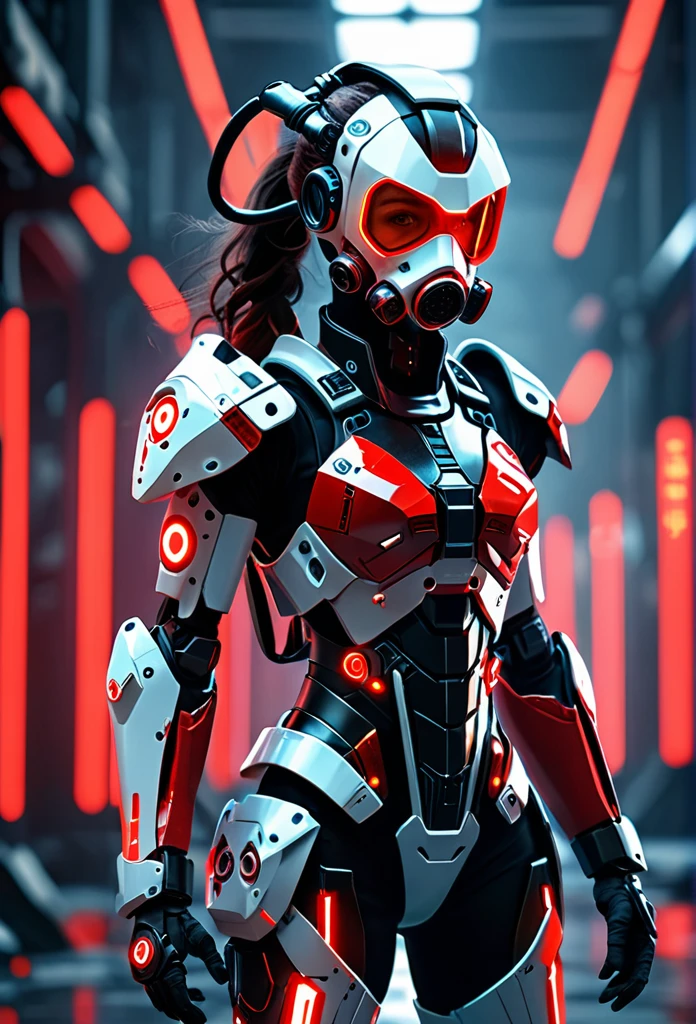 futuristic female,  miko motif exoskeleton suit, led, gas mask, holding a red blade, machinery, digital engraving, ultra highres, absurdres, deep glow effect, hdr, light particles, cinematic lighting, depth of field