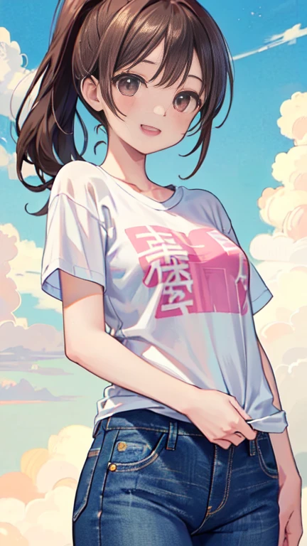 Let’s think step by step,Highest quality, masterpiece, Ultra-high resolution, 8k, Summer sky, early summer, (((Plain white t-shirt and jeans)), Soft Line Art, Digital Enhancement, shojo anime touch, shojo manga core, Flowing fabric, close, Soft Drawing, Ultra-Definition Digital Anime Art, Clear facial depiction, , Ultra-detailed manga style, Highest qualityの色,1 female,24-years-old, Brown haired woman,Woman with short ponytail,Ultra-detailed clear brown eyes,Body type is slightly chubby,Small breasts,片目をclose,Open your mouth,(((Happy smile)))