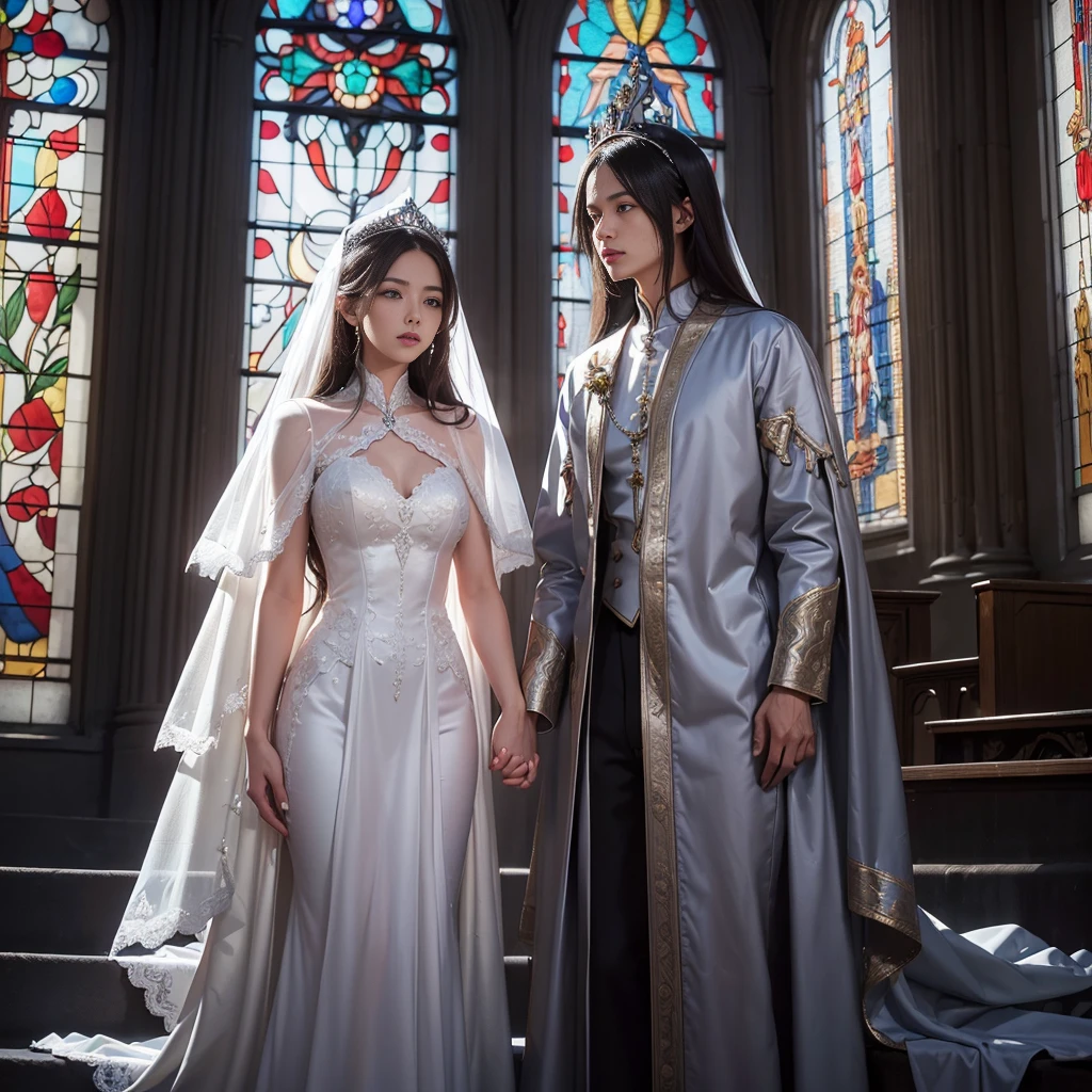 (((nffsw))), (((masutepiece))), (((8K))), (((hight resolution))), (((surrealism))), (((Cinematic lighting))), god rays, Zoom Layer, (((FULL BODYSHOT))), F/4.0, canon, Shiny skin,Detailed skin,Detailed face, Detailed eyes, Beautiful bride goddess, Churches in France, Royal Tiara, see-through wedding dresses, silver earing, In cross, Mystical sight, Light shines through stained glass