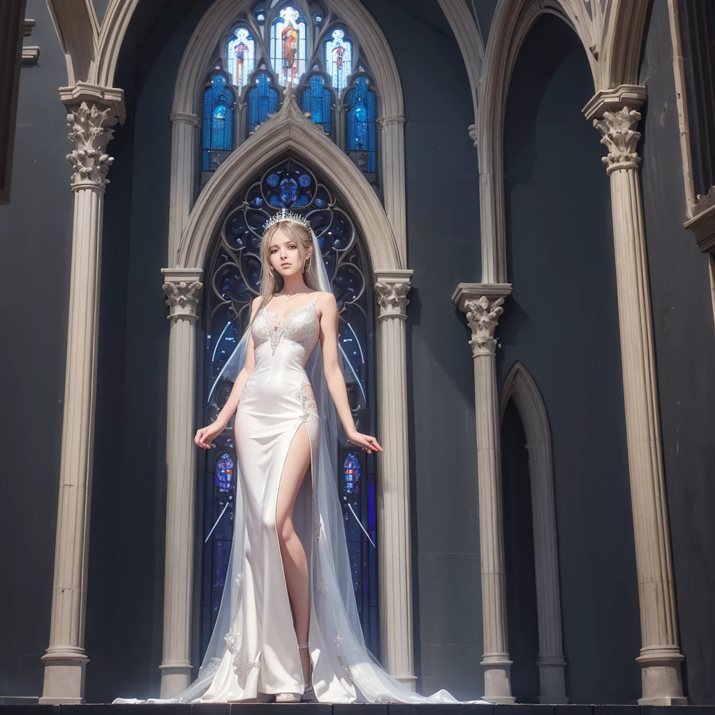 (((nffsw))), (((masutepiece))), (((8K))), (((hight resolution))), (((surrealism))), (((Cinematic lighting))), god rays, Zoom Layer, (((FULL BODYSHOT))), F/4.0, canon, Shiny skin,Detailed skin,Detailed face, Detailed eyes, Beautiful bride goddess, Churches in France, Royal Tiara, see-through wedding dresses, silver earing, In cross, Mystical sight, Light shines through stained glass