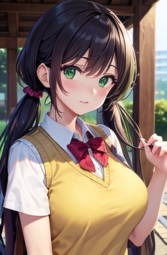 nozomitoujou, nozomi toujou, (green eyes:1.5), purple hair, twintails, low twintails, scrunchie, long hair, (large breast:1.2),
BREAK otonokizaka , pleated skirt, , short sleeves, skirt, summer uniform, sweater vest, yellow sweater vest,
BREAK looking at viewer,
BREAK outdoors, shrine,
BREAK (masterpiece:1.2), best quality, high resolution, unity 8k wallpaper, (illustration:0.8), (beautiful detailed eyes:1.6), extremely detailed face, perfect lighting, extremely detailed CG, (perfect hands, perfect anatomy),