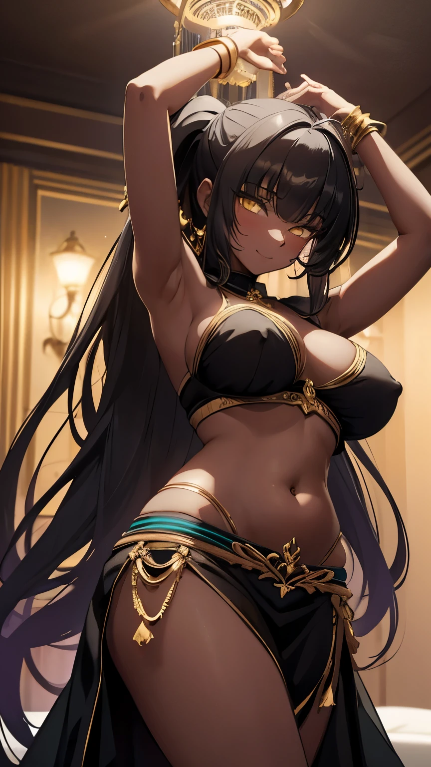 Masterpiece, best quality, (at night), long black hair, ponytail, halo, bangs, yellow eyes, ((belly dancer outfit)), , slim waist, nice belly, (see through nipples)ng armpits, blushing, little smile, (looking down, looking at viewer), from below, warm lighting