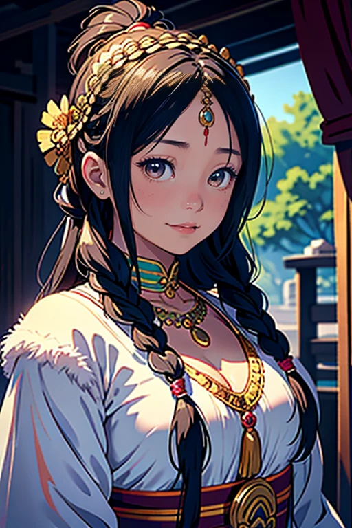 1girl, long braided hair, Tibetan girl, looking up slightly, smiling, bust portrait, upper body, radiant and sublime appearance, elaborate Tibetan costume, intricate Tibetan necklace, intricate Tibetan headdress, fluffy clothing, soft animal accents, photorealistic CG, sweet style, cinematic style, 4k high quality