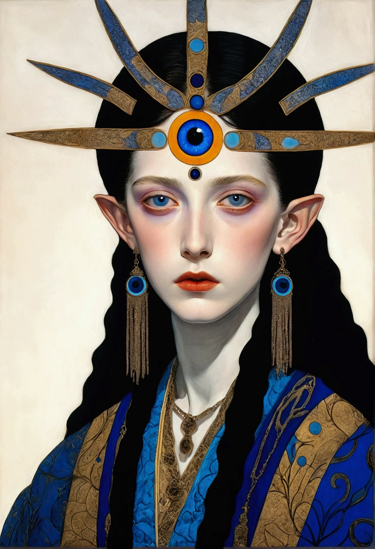 The art of math,Digital Illustration,Drawing,Decorative paintings,(((Harry Clark (Harry Clarke) style,圣地亚哥·卡鲁索style))),Simple,clean,Fine painting style,(((The third eye on the forehead。short hair,Pointed ears,robe))),Wide Angle,Black and blue,Solid color background