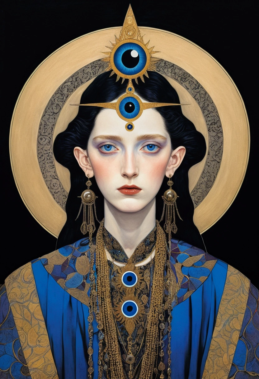 The art of math，Digital Illustration，Drawing，Decorative paintings，(((Harry Clark (Harry Clarke) style,圣地亚哥·卡鲁索style)))，Simple，clean，Fine painting style，(((The third eye on the forehead。short hair，Pointed ears，robe)))，Wide Angle，Black and blue，Solid color background