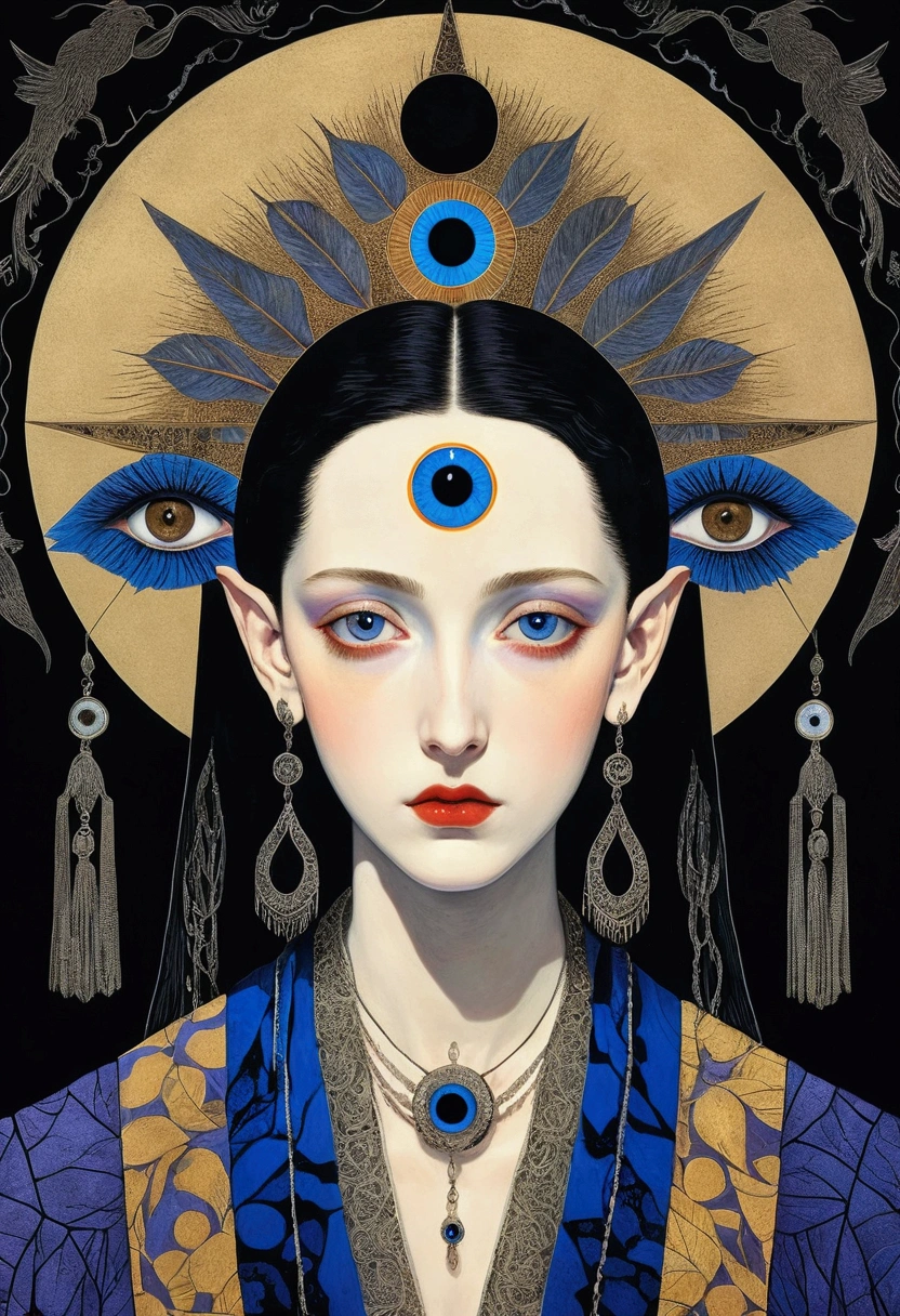 The art of math,Digital Illustration,Drawing,Decorative paintings,(((Harry Clark (Harry Clarke) style,圣地亚哥·卡鲁索style))),Simple,clean,Fine painting style,(((The third eye on the forehead。short hair,Pointed ears,robe))),Wide Angle,Black and blue,Solid color background