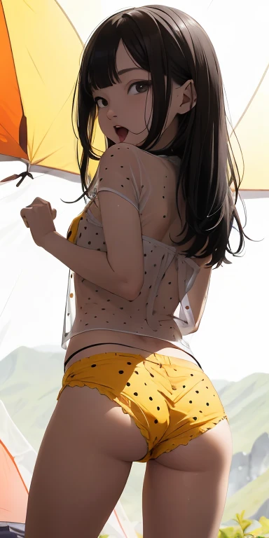 (8 year old baby)Ahegao、see through、Emphasis on buttocks、She spread her legs, revealing her orange polka dot panties.、、see through、turn to me、realistic、(Girl with long bob hair, 8 years old)、close distance from the ground、(Summer camping in the mountains)、(Inside the tent)Emphasis on buttocks、Lemon yellow checkered shorts、Berry tight short mini skirt