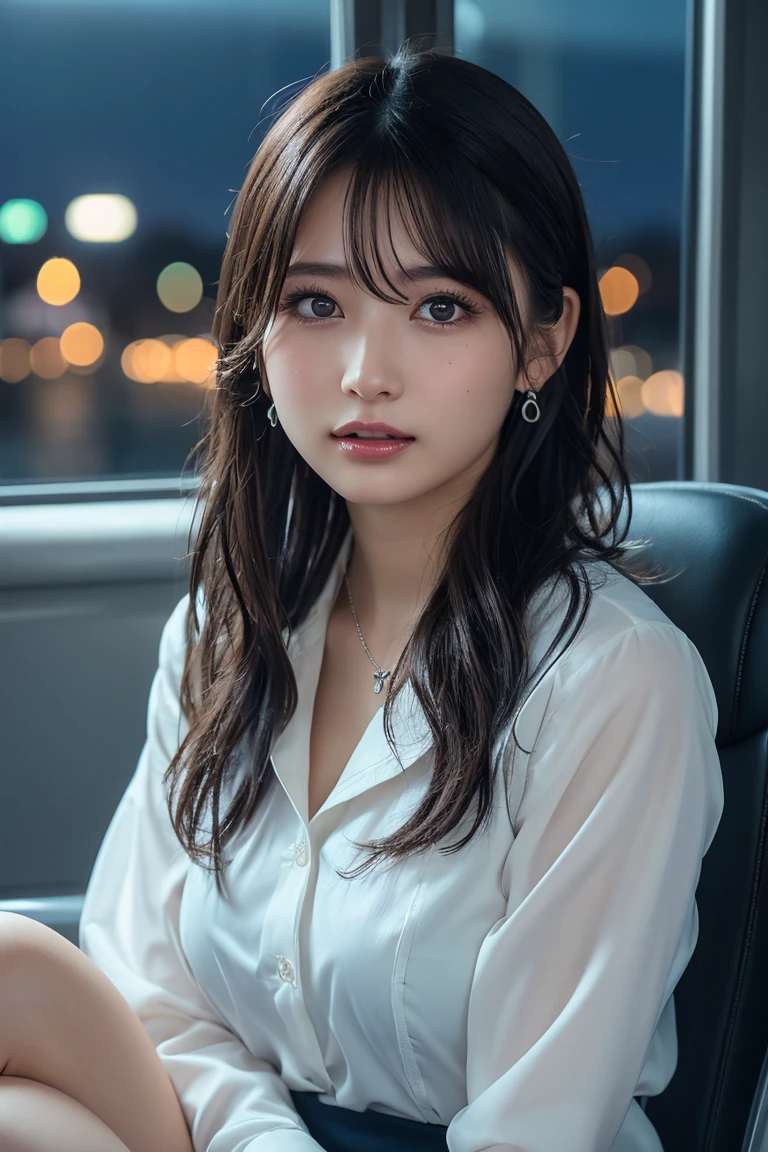 ((Upper Body))、(masterpiece:1.3), High resolution, Very detailed, Highly detailed CG Unity 8K wallpapers, Realistic, photo-Realistic, RAW Photos, Beautifully detailed face, Pale skin, Realistic glistening skin, Detailed cloth texture, Detailed hair texture, Perfect Style, Beautiful Face, Accurate, Anatomically correct, Very detailed顔と肌の質感, fine grain, Brown eyes, double eyelid, Thin eyebrows, (Droopy eyes:0.65), (Glitter Eyeliner:1.2), Natural Cheeks, Glowing Skin, (Fair skin:1.2), Shiny necklace and earrings, (Glossy Lips: 1.4),
break
(Classy and cute girl:1.3), (High ponytail hairstyles, Wavy Hair, Dark brown hair), (Captivating smile:1.2) (Wear an elegant business suit:1.3), (Black Stockings), Medium large breasts,
break
((Cowboy Shot:1.2)), (Cross-legged sitting pose:1.4), At the train door, ((Night city view:1.2)),