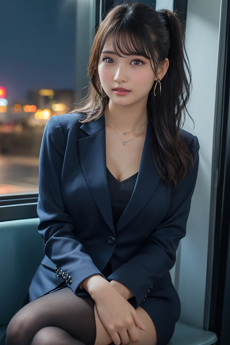 ((Upper Body))、(masterpiece:1.3), High resolution, Very detailed, Highly detailed CG Unity 8K wallpapers, Realistic, photo-Realistic, RAW Photos, Beautifully detailed face, Pale skin, Realistic glistening skin, Detailed cloth texture, Detailed hair texture, Perfect Style, Beautiful Face, Accurate, Anatomically correct, Very detailed顔と肌の質感, fine grain, Brown eyes, double eyelid, Thin eyebrows, (Droopy eyes:0.65), (Glitter Eyeliner:1.2), Natural Cheeks, Glowing Skin, (Fair skin:1.2), Shiny necklace and earrings, (Glossy Lips: 1.4), 
break
 (Classy and cute girl:1.3), (High ponytail hairstyles, Wavy Hair, Dark brown hair), (Captivating smile:1.2) (Wear an elegant business suit:1.3), (Black Stockings), Medium large breasts, 
break
 ((Cowboy Shot:1.2)), (Cross-legged sitting pose:1.4), At the train door, ((Night city view:1.2)),