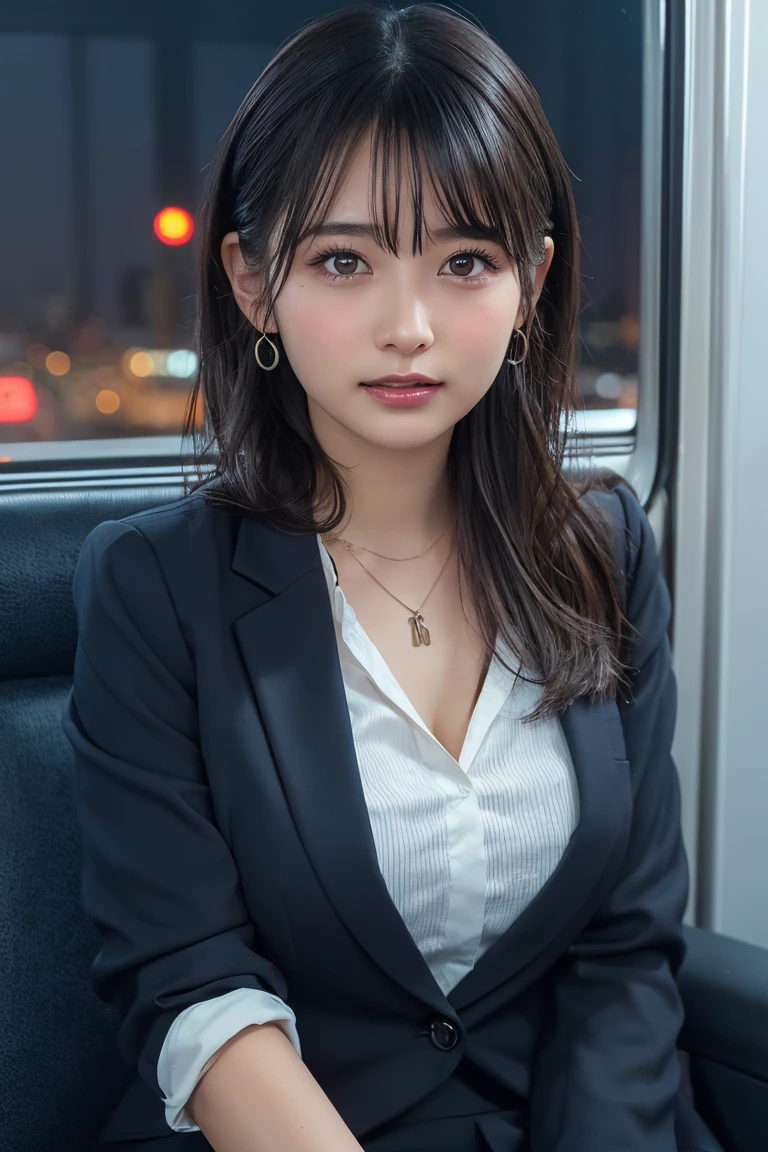 ((Upper Body))、(masterpiece:1.3), High resolution, Very detailed, Highly detailed CG Unity 8K wallpapers, Realistic, photo-Realistic, RAW Photos, Beautifully detailed face, Pale skin, Realistic glistening skin, Detailed cloth texture, Detailed hair texture, Perfect Style, Beautiful Face, Accurate, Anatomically correct, Very detailed顔と肌の質感, fine grain, Brown eyes, double eyelid, Thin eyebrows, (Droopy eyes:0.65), (Glitter Eyeliner:1.2), Natural Cheeks, Glowing Skin, (Fair skin:1.2), Shiny necklace and earrings, (Glossy Lips: 1.4),
break
(Classy and cute girl:1.3), (High ponytail hairstyles, Wavy Hair, Dark brown hair), (Captivating smile:1.2) (Wear an elegant business suit:1.3), (Black Stockings), Medium large breasts,
break
((Cowboy Shot:1.2)), (Cross-legged sitting pose:1.4), At the train door, ((Night city view:1.2)),
