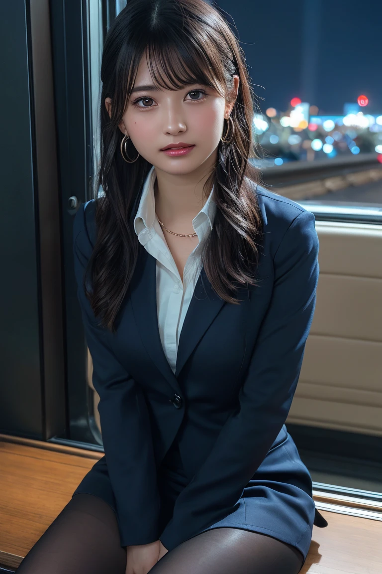 ((Upper Body))、(masterpiece:1.3), High resolution, Very detailed, Highly detailed CG Unity 8K wallpapers, Realistic, photo-Realistic, RAW Photos, Beautifully detailed face, Pale skin, Realistic glistening skin, Detailed cloth texture, Detailed hair texture, Perfect Style, Beautiful Face, Accurate, Anatomically correct, Very detailed顔と肌の質感, fine grain, Brown eyes, double eyelid, Thin eyebrows, (Droopy eyes:0.65), (Glitter Eyeliner:1.2), Natural Cheeks, Glowing Skin, (Fair skin:1.2), Shiny necklace and earrings, (Glossy Lips: 1.4), 
break
 (Classy and cute girl:1.3), (High ponytail hairstyles, Wavy Hair, Dark brown hair), (Captivating smile:1.2) (Wear an elegant business suit:1.3), (Black Stockings), Medium large breasts, 
break
 ((Cowboy Shot:1.2)), (Cross-legged sitting pose:1.4), At the train door, ((Night city view:1.2)),