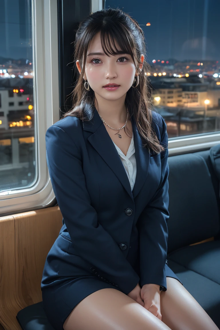 ((Upper Body))、(masterpiece:1.3), High resolution, Very detailed, Highly detailed CG Unity 8K wallpapers, Realistic, photo-Realistic, RAW Photos, Beautifully detailed face, Pale skin, Realistic glistening skin, Detailed cloth texture, Detailed hair texture, Perfect Style, Beautiful Face, Accurate, Anatomically correct, Very detailed顔と肌の質感, fine grain, Brown eyes, double eyelid, Thin eyebrows, (Droopy eyes:0.65), (Glitter Eyeliner:1.2), Natural Cheeks, Glowing Skin, (Fair skin:1.2), Shiny necklace and earrings, (Glossy Lips: 1.4),
break
(Classy and cute girl:1.3), (High ponytail hairstyles, Wavy Hair, Dark brown hair), (Captivating smile:1.2) (Wear an elegant business suit:1.3), (Black Stockings), Medium large breasts,
break
((Cowboy Shot:1.2)), (Cross-legged sitting pose:1.4), At the train door, ((Night city view:1.2)),