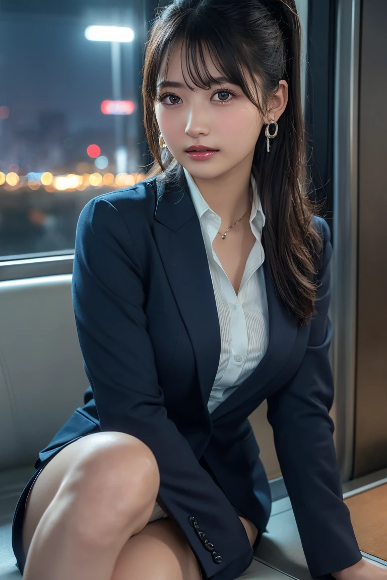 ((Upper Body))、(masterpiece:1.3), High resolution, Very detailed, Highly detailed CG Unity 8K wallpapers, Realistic, photo-Realistic, RAW Photos, Beautifully detailed face, Pale skin, Realistic glistening skin, Detailed cloth texture, Detailed hair texture, Perfect Style, Beautiful Face, Accurate, Anatomically correct, Very detailed顔と肌の質感, fine grain, Brown eyes, double eyelid, Thin eyebrows, (Droopy eyes:0.65), (Glitter Eyeliner:1.2), Natural Cheeks, Glowing Skin, (Fair skin:1.2), Shiny necklace and earrings, (Glossy Lips: 1.4),
break
(Classy and cute girl:1.3), (High ponytail hairstyles, Wavy Hair, Dark brown hair), (Captivating smile:1.2) (Wear an elegant business suit:1.3), (Black Stockings), Medium large breasts,
break
((Cowboy Shot:1.2)), (Cross-legged sitting pose:1.4), At the train door, ((Night city view:1.2)),