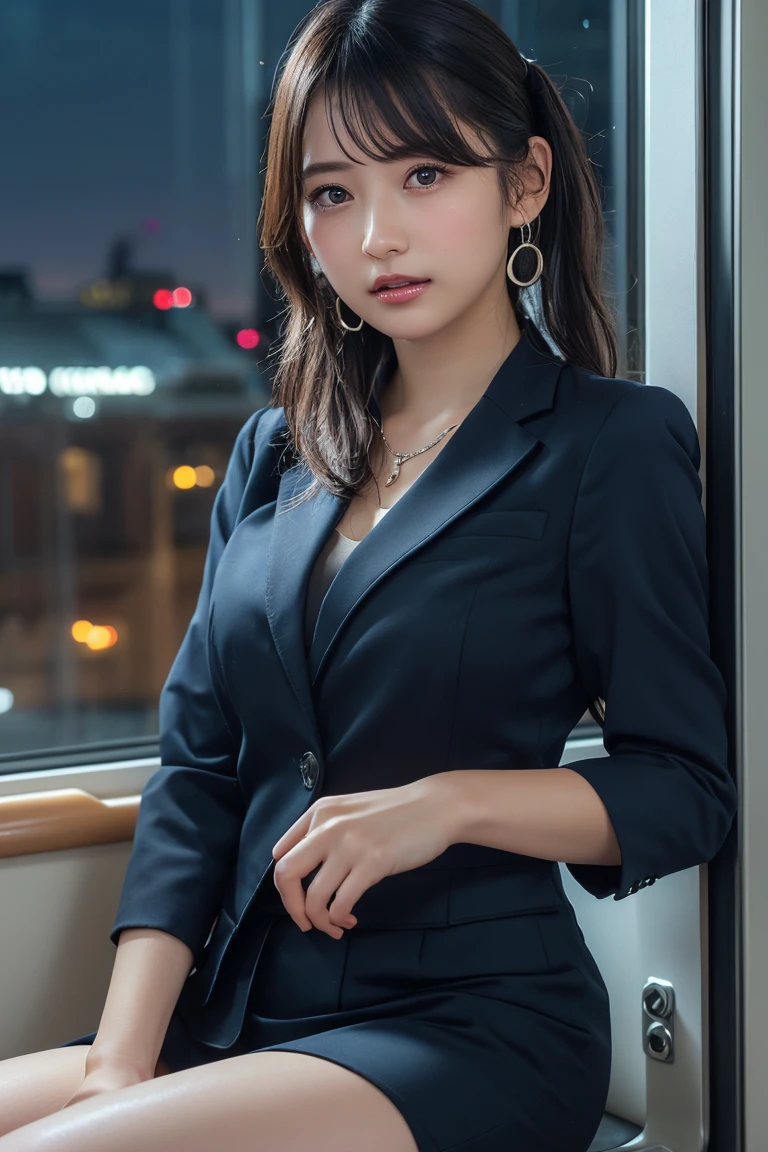 ((Upper Body))、(masterpiece:1.3), High resolution, Very detailed, Highly detailed CG Unity 8K wallpapers, Realistic, photo-Realistic, RAW Photos, Beautifully detailed face, Pale skin, Realistic glistening skin, Detailed cloth texture, Detailed hair texture, Perfect Style, Beautiful Face, Accurate, Anatomically correct, Very detailed顔と肌の質感, fine grain, Brown eyes, double eyelid, Thin eyebrows, (Droopy eyes:0.65), (Glitter Eyeliner:1.2), Natural Cheeks, Glowing Skin, (Fair skin:1.2), Shiny necklace and earrings, (Glossy Lips: 1.4), 
break
 (Classy and cute girl:1.3), (High ponytail hairstyles, Wavy Hair, Dark brown hair), (Captivating smile:1.2) (Wear an elegant business suit:1.3), (Black Stockings), Medium large breasts, 
break
 ((Cowboy Shot:1.2)), (Cross-legged sitting pose:1.4), At the train door, ((Night city view:1.2)),