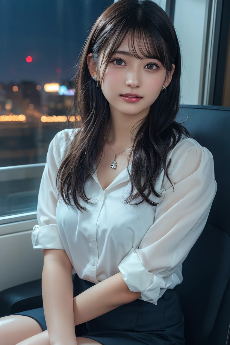 ((Upper Body))、(masterpiece:1.3), High resolution, Very detailed, Highly detailed CG Unity 8K wallpapers, Realistic, photo-Realistic, RAW Photos, Beautifully detailed face, Pale skin, Realistic glistening skin, Detailed cloth texture, Detailed hair texture, Perfect Style, Beautiful Face, Accurate, Anatomically correct, Very detailed顔と肌の質感, fine grain, Brown eyes, double eyelid, Thin eyebrows, (Droopy eyes:0.65), (Glitter Eyeliner:1.2), Natural Cheeks, Glowing Skin, (Fair skin:1.2), Shiny necklace and earrings, (Glossy Lips: 1.4),
break
(Classy and cute girl:1.3), (High ponytail hairstyles, Wavy Hair, Dark brown hair), (Captivating smile:1.2) (Wear an elegant business suit:1.3), (Black Stockings), Medium large breasts,
break
((Cowboy Shot:1.2)), (Cross-legged sitting pose:1.4), At the train door, ((Night city view:1.2)),