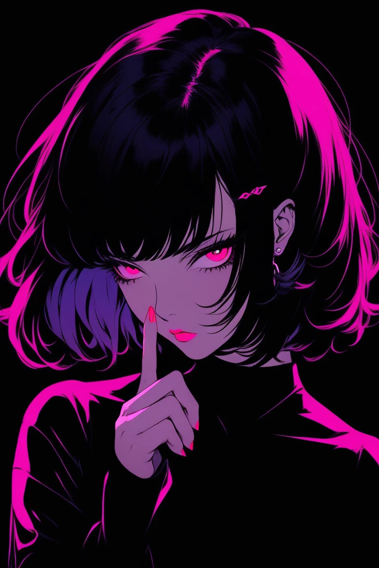 (Better Quality, overview:1.2),Realist,Illustrator,anime,1 girl, Detailed lips, Black Dress,custom, (Monochrome dark background),Neon Hair,Texture Cut, until then, Classic retro style, Black Dark,  (Black bob hair:1.75 Neon:1.32), bad woman ,Sharp Eyes,Place index finger on lips,Accurate hand structure. Dark monochrome background 