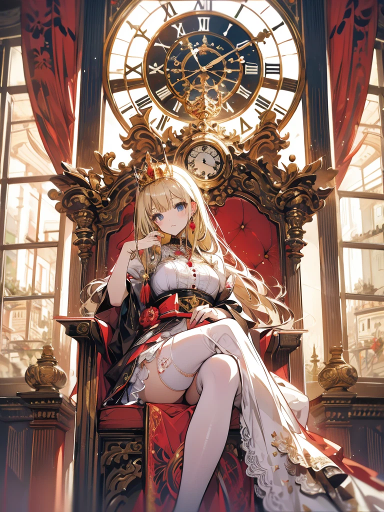 Princess sitting, blonde, guard behind her, big clock, chair, tiara, fan in hand