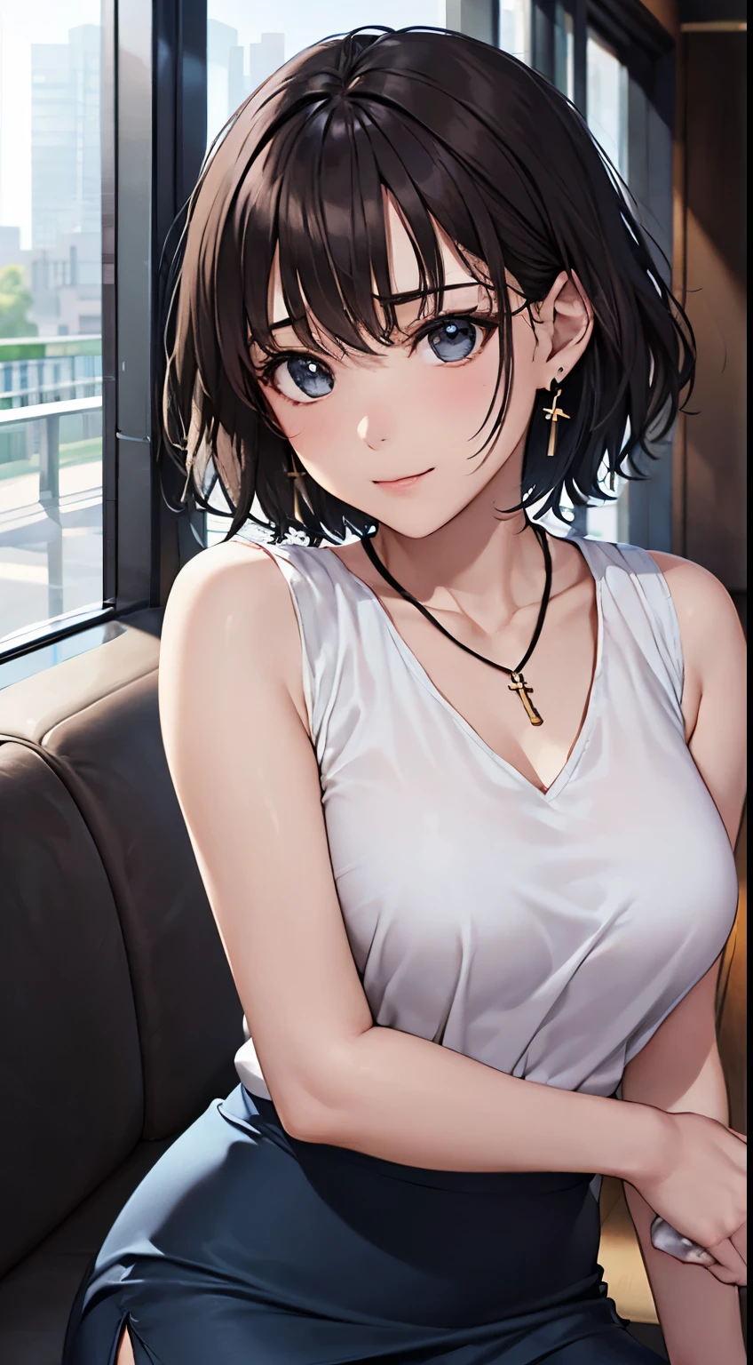 (Tabletop, Highest quality, High resolution, , Pixel perfect, 4K,), 1 girl, single, alone, Beautiful woman、The whole body is visible、 ((Wave shorthair、Blue ash glossy hair)), ((Gray Eyes, Beautiful eyelashes, Realistic eyes)), ((Detailed face, blush:0.6)), ((Smooth texture:0.75, Realistic texture:0.65, Realistic:1.1, Anime CG style)), Mid-chest, Dynamic Angle, Perfect body, Plump body、university student、((Black sleeveless open neck blouse、tight skirt with a slit＋＋、Cute Necklace、Earrings)), look up、A shy smile、Accentuate your breasts、Shave your chest、Sitting cross-legged、Thighs visible through skirt、Angle from below、hotel lobby、I can see the blue pants