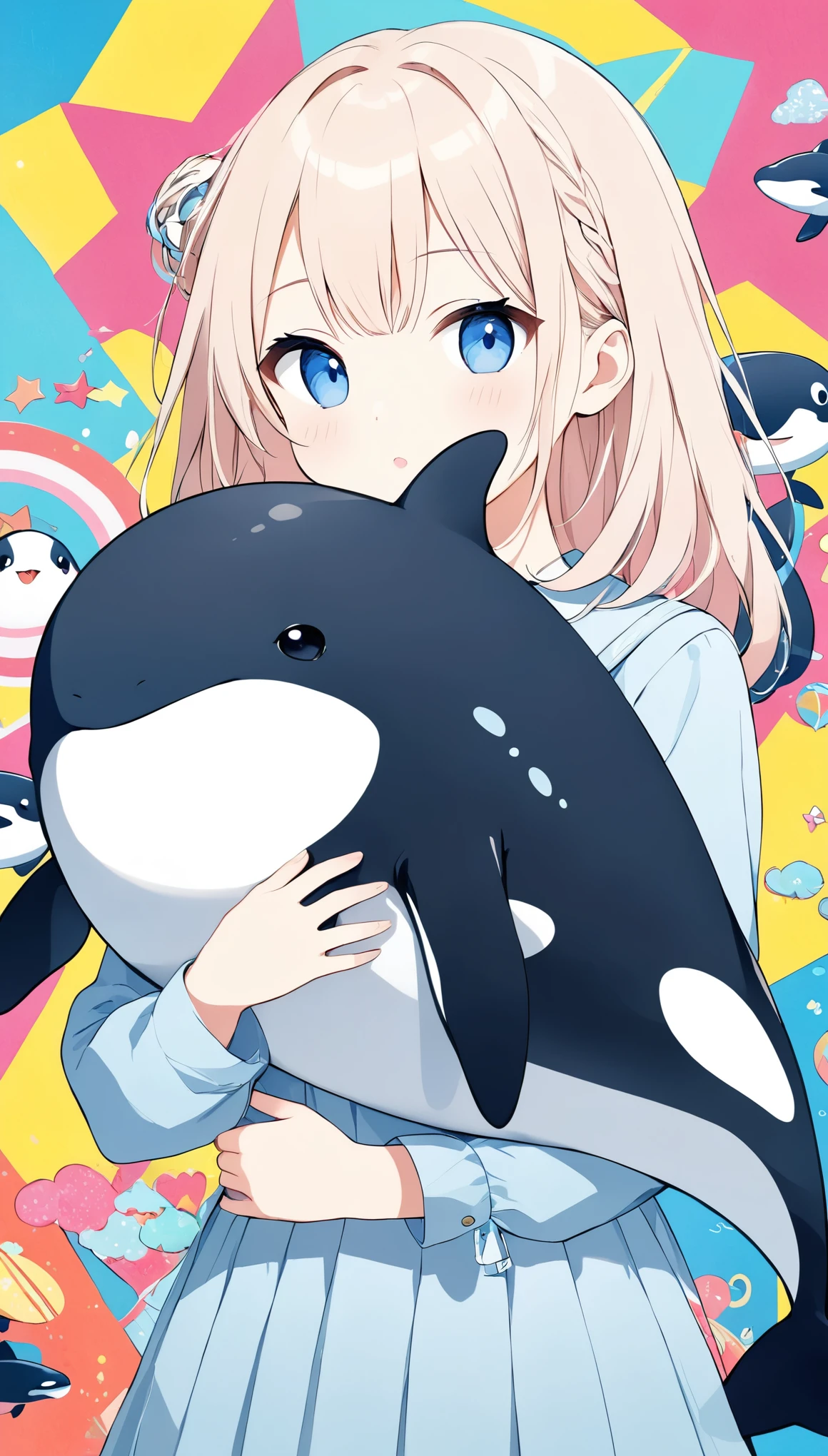 Pop Art,(masterpiece:1.2),Amazingly absurd,number々Awards for,Works by famous artists,((Killer whale stuffed animal)),(Girl hugging)、cute,3dart,Digital Art,POP background,Slanted Eyes