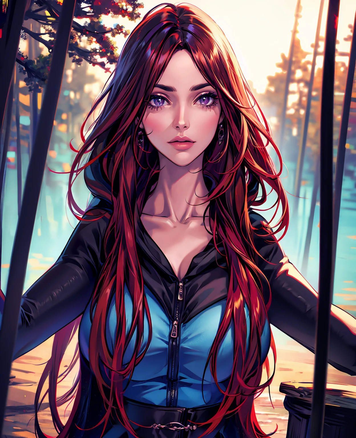 a girl with long red hair, wearing a black hooded cloak, standing by a lake in a forest, (best quality,4k,8k,highres,masterpiece:1.2),ultra-detailed,(realistic,photorealistic,photo-realistic:1.37),beautiful detailed eyes,beautiful detailed lips,extremely detailed face,longeyelashes,fantasy,dark mood,dramatic lighting,dramatic shadows,cinematic composition,vibrant colors,atmospheric,mystical,moody