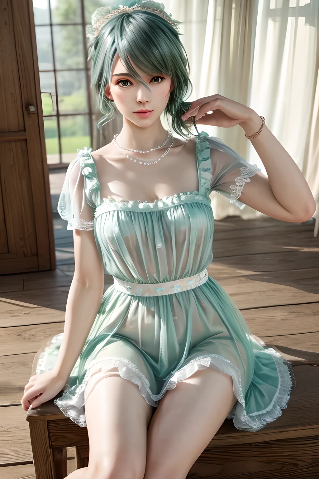 1girl,A female sits on a white floor with her legs crossed at one side. They wear a light green dress with sheer puff sleeves and a fitted bodice, tied with a light blue bow at the waist. The outfit exudes a feminine and sophisticated beauty, with a pearl necklace around her neck and flower accessories in her hair. The soft natural light creates a serene and elegant atmosphere, enhancing the overall composition. The background features floral elements and sheer curtains, adding an ethereal and springtime feel to the scene., (best quality,8k,highres,masterpiece:1.2),ultra-detailed,(realistic,photorealistic,photo-realistic:1.37),studio lighting,ultra-fine painting,sharp focus,physically-based rendering,extreme detail description,professional,vivid colors