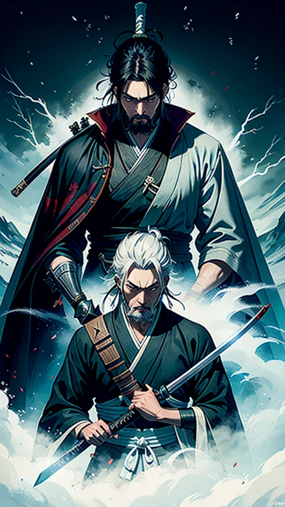 Isshin, the Sword Saint is a legendary warrior and the founder of the Ashina Clan. He is an old man with white hair and beard, wearing a blue kimono with black patterns and a white cloak. He carries a katana and a spear. He also has a gun hidden in his sleeve.
He awaits Sekiro in the great grass field where he first fought Genichiro Ashina, his grandson. The field is covered with blood and corpses of soldiers who died in the battle. The sky is dark and stormy, and lightning flashes occasionally. Isshin emerges from Genichiro’s body after he sacrifices himself to revive him using the Black Mortal Blade. He respects Sekiro as a worthy opponent and challenges him to a final duel for the fate of Ashina.
moon, dark theme, light, fantasy,