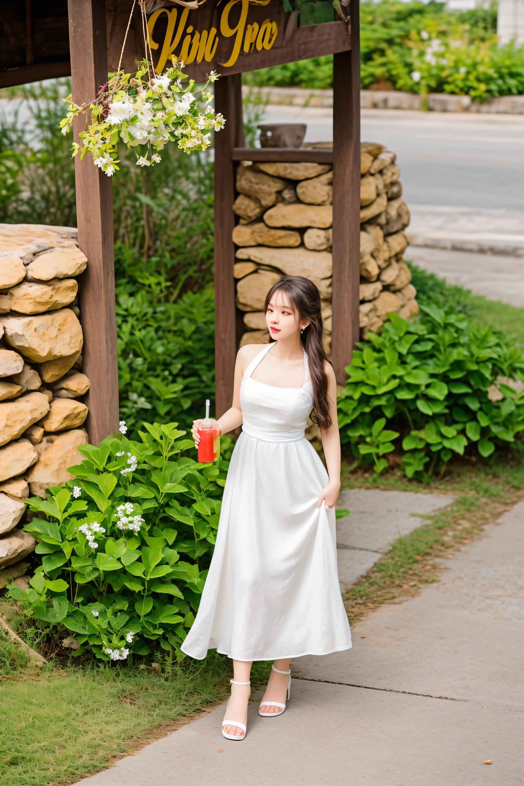 arafed woman in a white dress standing in front of a sign, in a long white dress, long white dress, beautiful young korean woman, white hanfu, beautiful long white dress, jia, full body potrait holding bottle, flowing white dress, wearing a white flowing dress, skinny girl in white boho dress, gorgeous young korean woman, wearing a cute white dress