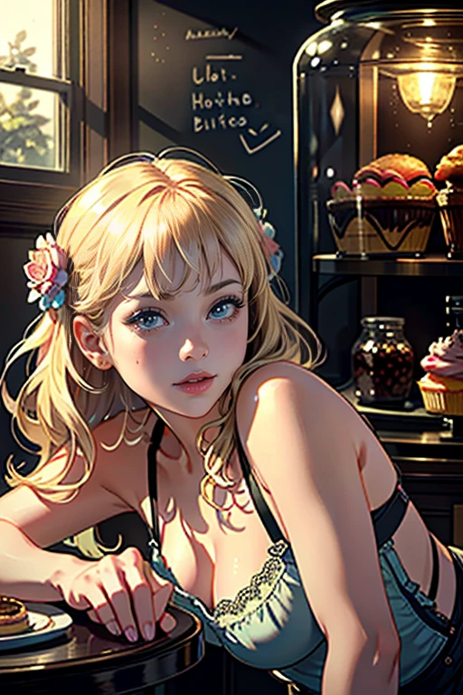 masterpiece, Highest quality, Very detailed, Ultra-high resolution, (photoRealistic:1.8), 非Realistic_engine, photograph, Realistic_skin_texture, a delicate, adorable young girl, beautiful detailed eyes, beautiful detailed lips, extremely detailed face, long eyelashes, blonde hair, pastel colors, cozy atmosphere, dessert display case, macarons, cupcakes, tarts, cakes, coffee maker, chalkboard menu, natural lighting, glass jars filled with candy, cloudy window glass, decorative plates, whimsical decor, sugar sculpture