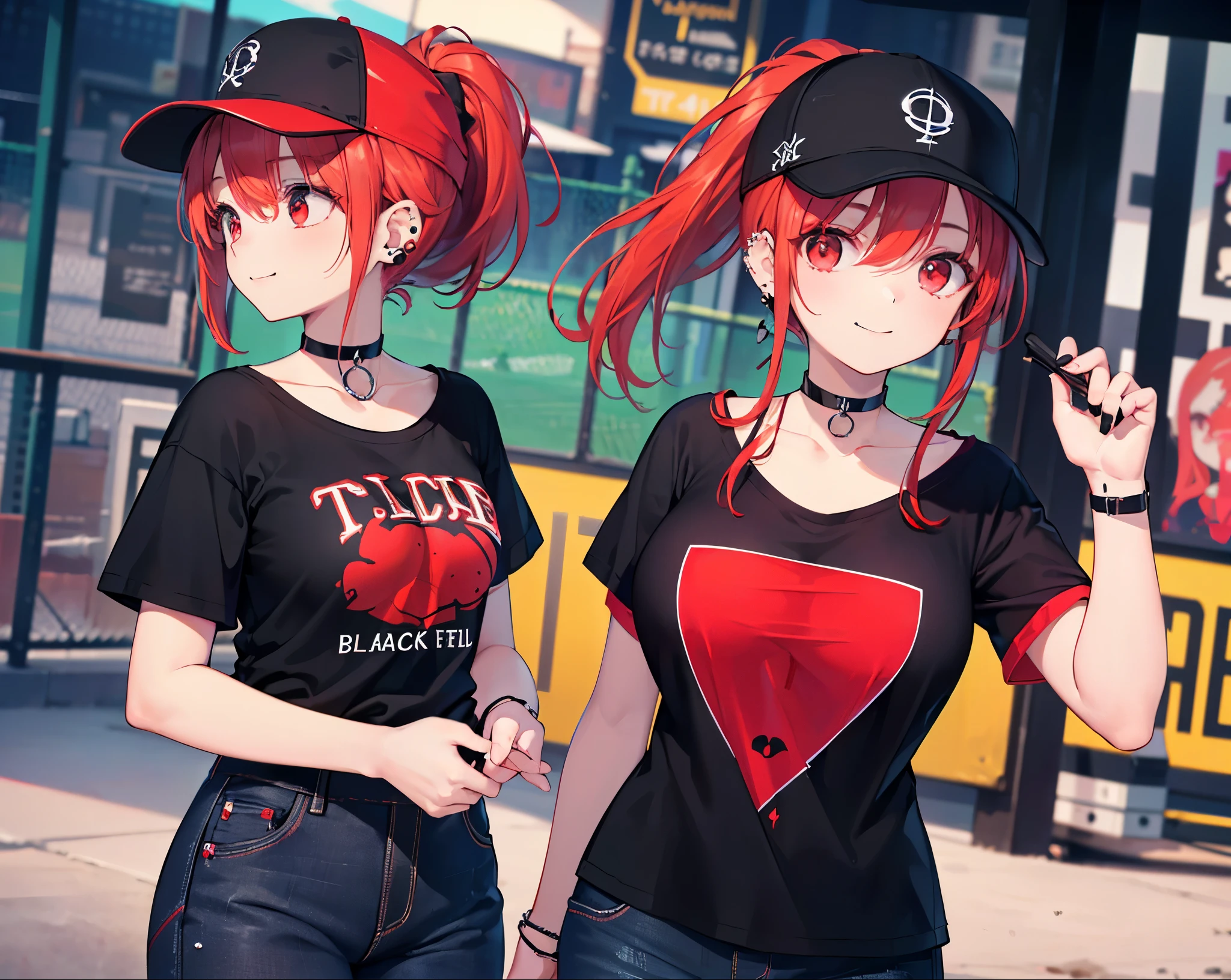 (Close-up:1.3),Realistic,Highest quality, Ultra Detail, High-quality CG rendering, The most delicate and beautiful, Floating softly, High resolution, (1 girl), (Highest quality,4K,8K,masterpiece:1.2),(All red hair:1.5), (ponytail:1.5),(Red eyes:1.5),(Slightly larger breasts:1.2 (All black T-shirt:1.3),(Black skinny jeans:1.3),(Black baseball cap:1.3),(Pitch black choker:1.3),(In the city,old buildings,(Sitting on a bench:1.3),smile