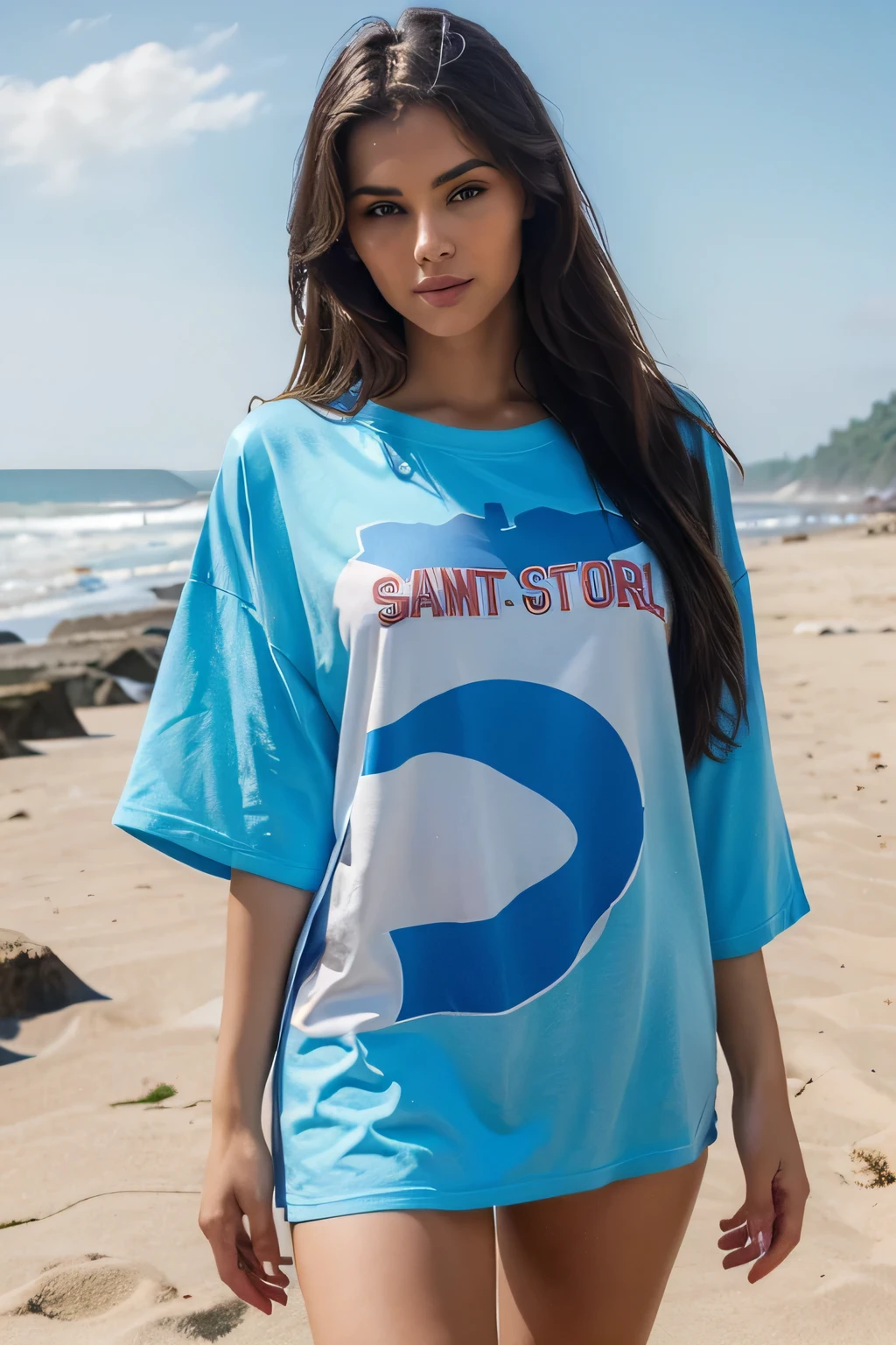 A very beautiful and sexy attractive young 25 year old female, very realistic, at the beach wearing an oversized graphic shirt