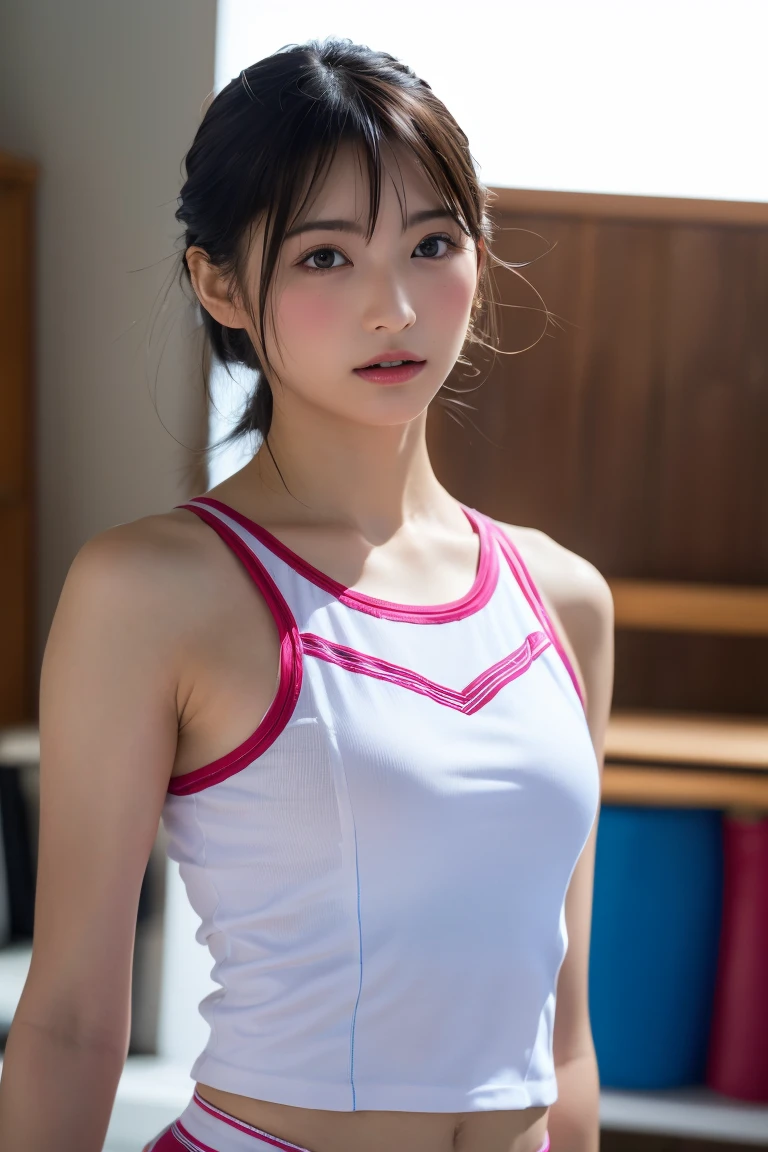 (8k, RAW Photos,highest quality, High resolution:1.1), (Ultra-realistic:1.4),(Realistic, Realistic:1.3),The Beauty of Japan、Rhythmic gymnastics club、Rhythmic Gymnastics Uniform、((Upper Body:1.3)),holding panties 