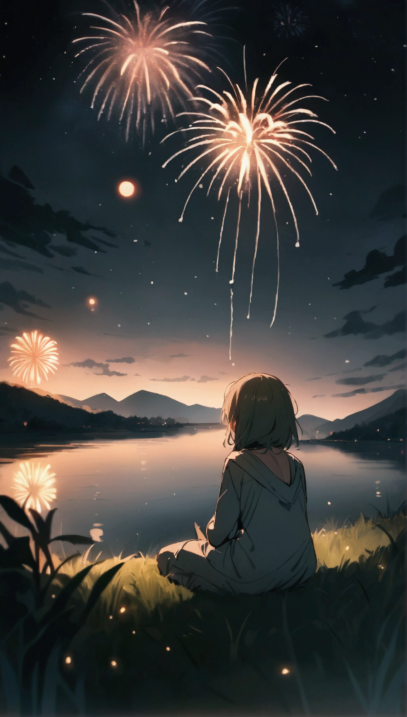 river, Beautiful fireworks at night, Green Grass, sad mood,space,masterpiece, Mountain々