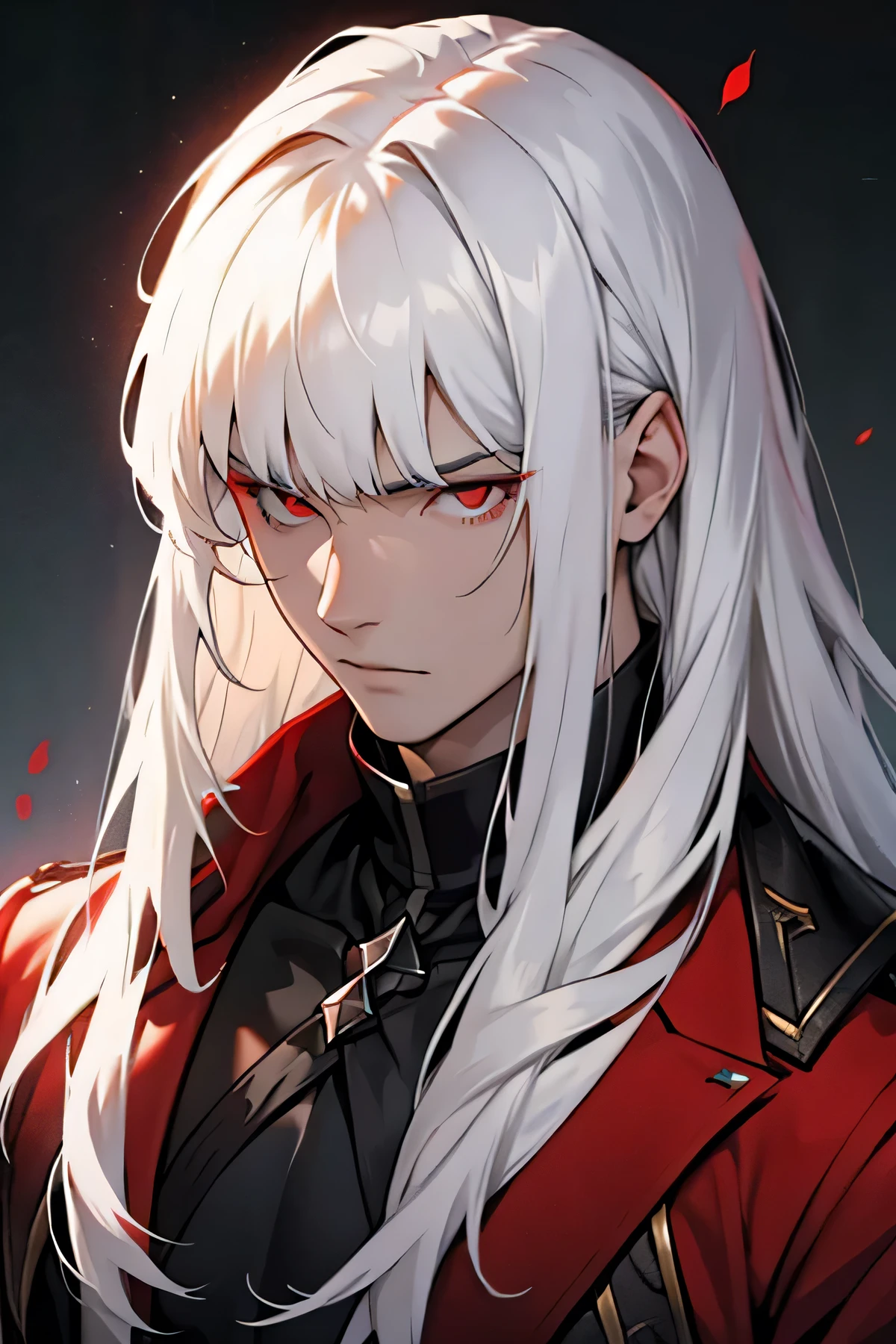 a handsome boy with pale skin, long white hair with bangs and bright red eyes. 