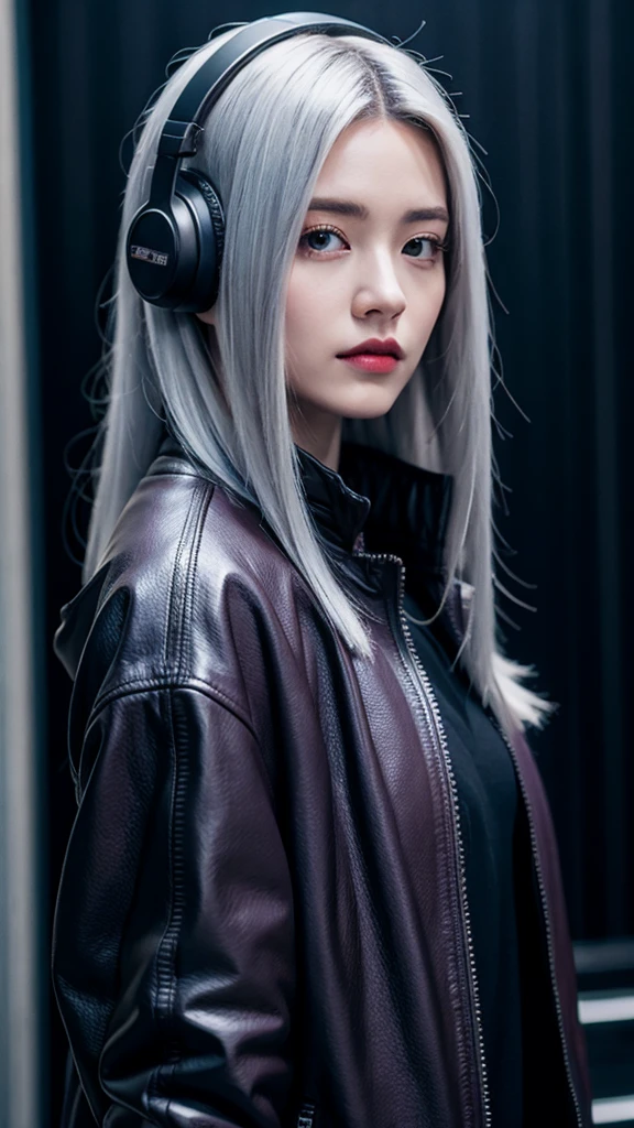 One girl, Gray Hair, Long Hair, Techwear masterpiece, Highest quality, Realistic, realism, Dark purple jacket, Portraiture, Detailed eyes, Wearing the headset, Platinum Hair, 21 year old girl, Fashion pose, Half Body, Wide shot, on the road, cyber punk