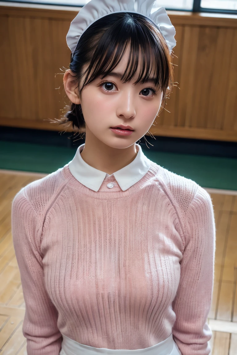 (8k, RAW Photos,Highest quality, High resolution:1.1), (Ultra-realistic:1.4),(Realistic, Realistic:1.3),The Beauty of Japan、Rhythmic gymnastics club、Rhythmic Gymnastics Uniform、((Upper Body:1.3)),Maid喫茶、((Maid:1.3)),(Pink knitted sweater:1.3),look up、Shooting from above、