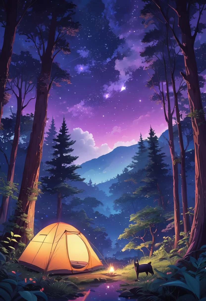 Anime-style, dreamy forest at night illustrated with intricate details and vibrant colors. starry sky with clouds, adding to the cozy and inviting atmosphere. Soft lighting casts a warm and beautiful glow over the dreamy scene, making it an ideal place to unwind and escape reality. (Prompt B and C) Anime-style forest landscape, foggy purple hue, creating a cozy, beautiful and dreamy ambiance. (High resolution, 8k) Detailed anime illustration of a forest at night, ((camp site)), tent
