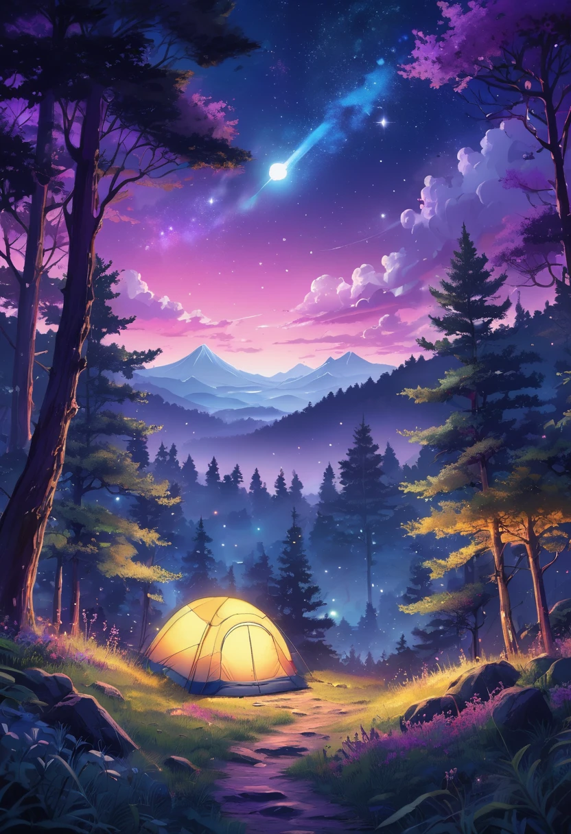 Anime-style, dreamy forest at night illustrated with intricate details and vibrant colors. starry sky with clouds, adding to the cozy and inviting atmosphere. Soft lighting casts a warm and beautiful glow over the dreamy scene, making it an ideal place to unwind and escape reality. (Prompt B and C) Anime-style forest landscape, foggy purple hue, creating a cozy, beautiful and dreamy ambiance. (High resolution, 8k) Detailed anime illustration of a forest at night, ((camp site)), tent