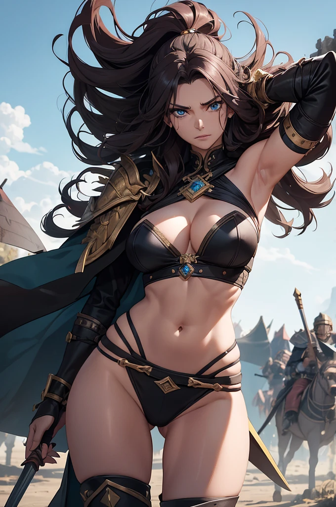 


As I approached the barbarian camp, my attention was immediately drawn to a tall, strong figure in the center. Her long, dark hair cascaded down her back in wild waves, bronzed skin adorned with intricate tattoos showcasing her bravery in battle. I watched as she donned her armor with skill, each piece fitting her toned body perfectly. A fur cloak with her clan's symbol draped over her shoulders, her sword at her side, glinting in the sunlight. Her piercing blue eyes held determination as she mounted her horse and led her army out of camp. With a fierce battle cry, she charged towards the enemy, instilling fear in their eyes. Amidst the chaos of clashing swords and battle cries, the barbarian woman remained calm and focused, her eyes fixed on the enemy's leader. She dismounted and engaged in a deadly battle, ultimately defeating him with a final strike. As the enemy retreated, she let out a triumphant roar, solidifying her place as a leader and protector of her people. I couldn't help but be in awe of this beautiful and fierce barbarian woman, knowing she would continue to lead her people to victory.