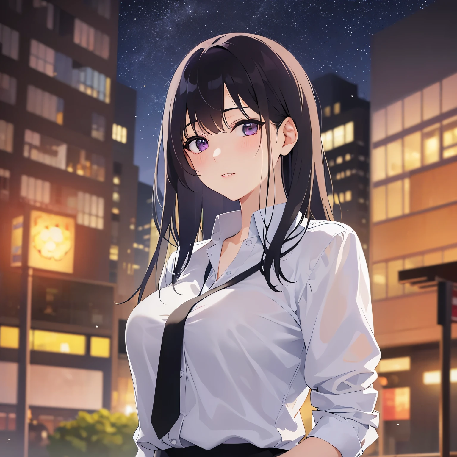 (looking at viewer:1.5),
Realistic, real person, (pale skin: 1.2), RAW photo, photorealistic, shiny skin, shiny hair、
(A 25-year-old woman with straight hair and bangs) and (medium hair) and (black hair) and (purple eyes) , 
(Wearing a business suit) and (Wearing a white collared shirt)、
Cleavage、(blush:1.5),shy,The background is the city at night,（Night Sky：1.5）
