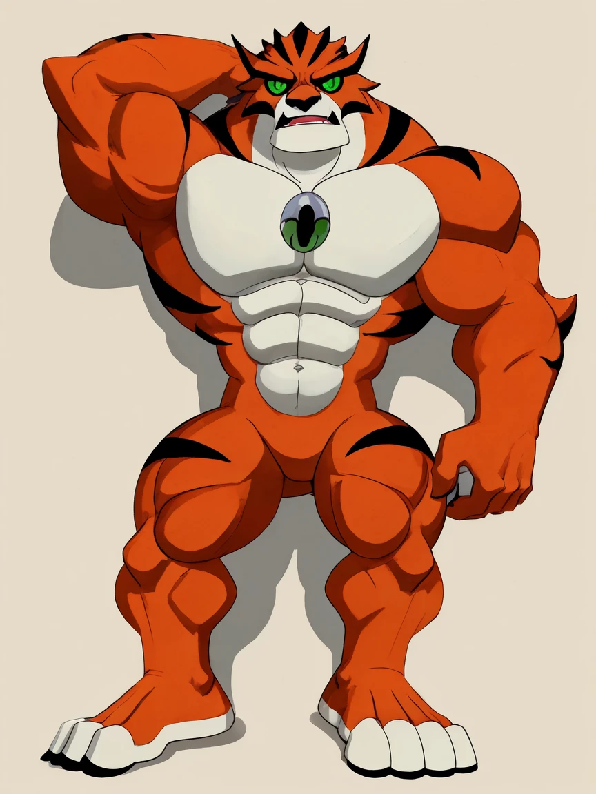 best quality,1boy,solo,muscular male,hi res,8k hd,looking at viewer,arms_raised,(by cartoon-network:1.5),masterpiece,best quality,(rath_(ben_10),orange skins):0.9,solo,hi res,8k hd,((nudiest:1.7)),green eyes,full body shot,((show legs&feet)),white ground background,(((rugged body,wide_chest,wide_abs,wide_legs,wide_feet,big muscular,better eyes,better pupils))),laying_down