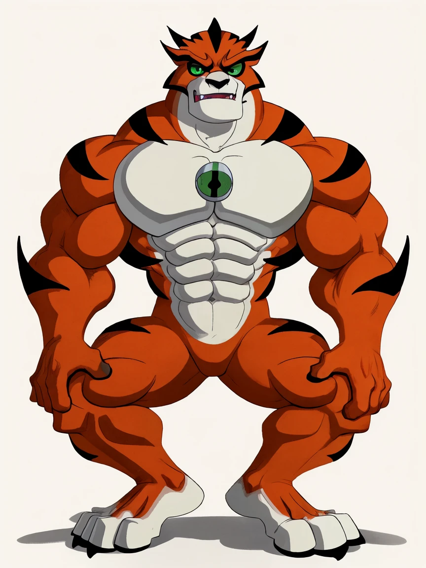 best quality,1boy,solo,muscular male,hi res,8k hd,looking at viewer,arms_raised,(by cartoon-network:1.5),masterpiece,best quality,(rath_(ben_10),orange skins):0.9,solo,hi res,8k hd,((nudiest:1.7)),green eyes,full body shot,((show legs&feet)),white ground background,(((rugged body,wide_chest,wide_abs,wide_legs,wide_feet,big muscular,better eyes,better pupils))),laying_down